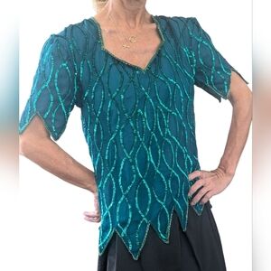 Vintage Laurence Kazar SILK Sequin Beaded Short Sleeve Blouse Top Size M